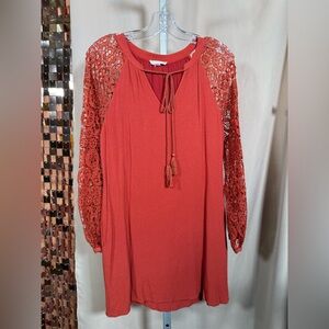 Promises Orange Lace Balloon Long Sleeve Dress Tassel Tie Size Small